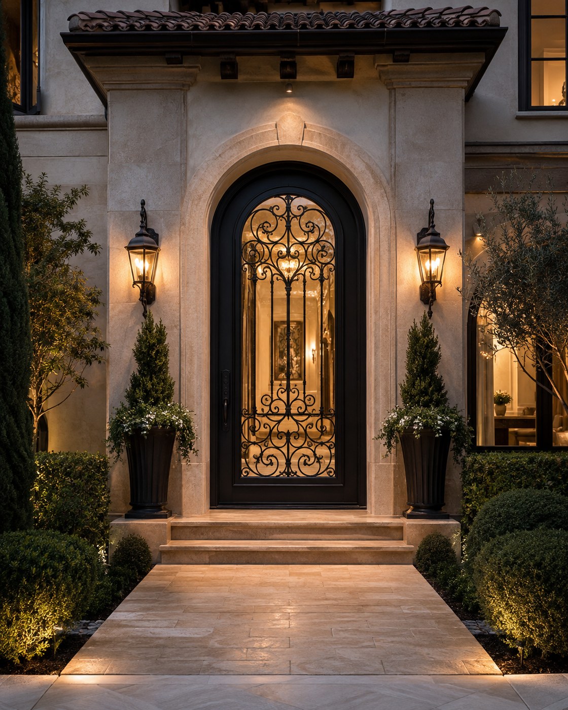 Arched iron entry with ornate scrollwork
