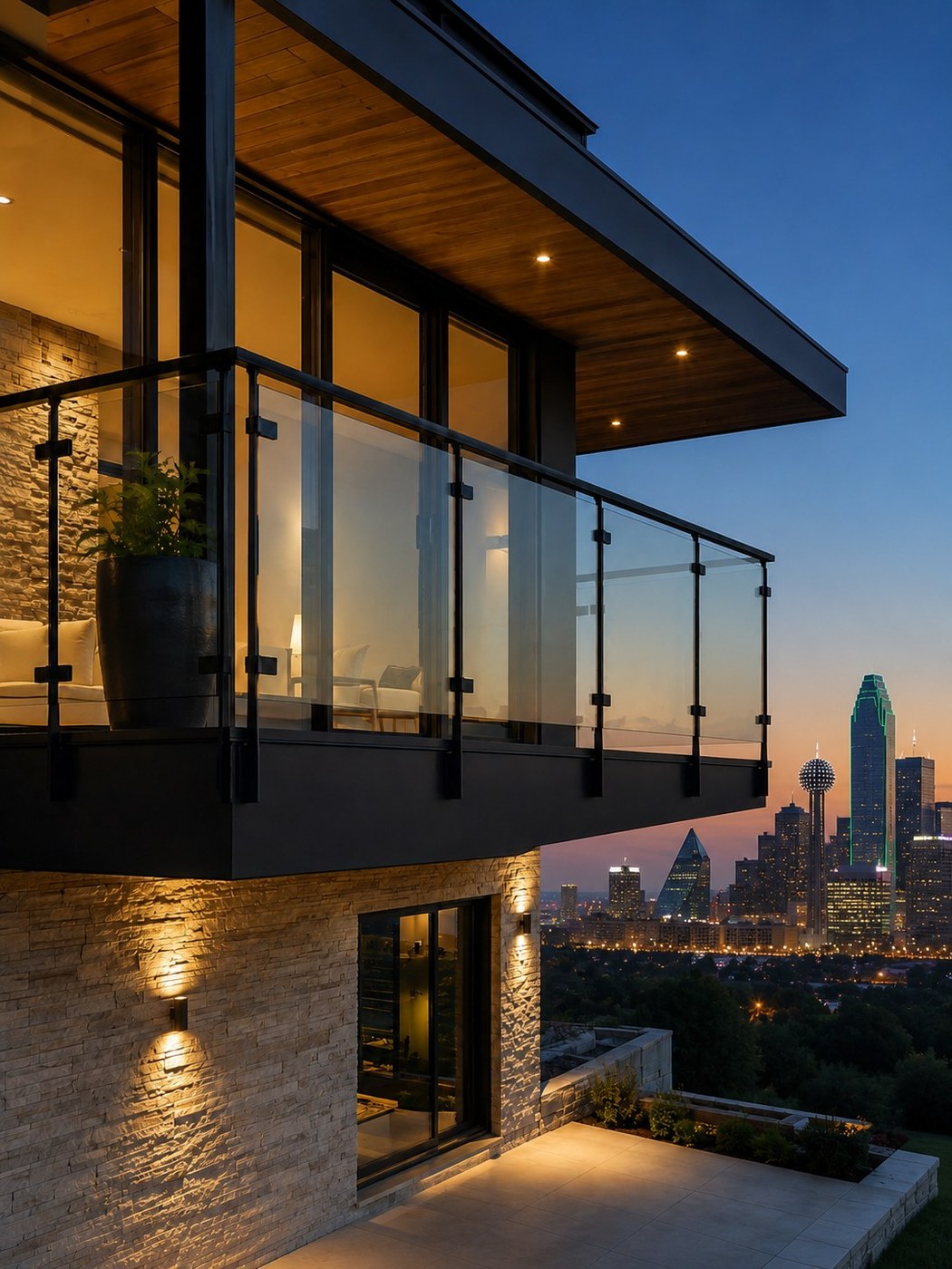 Glass balcony guard rail with Dallas skyline
