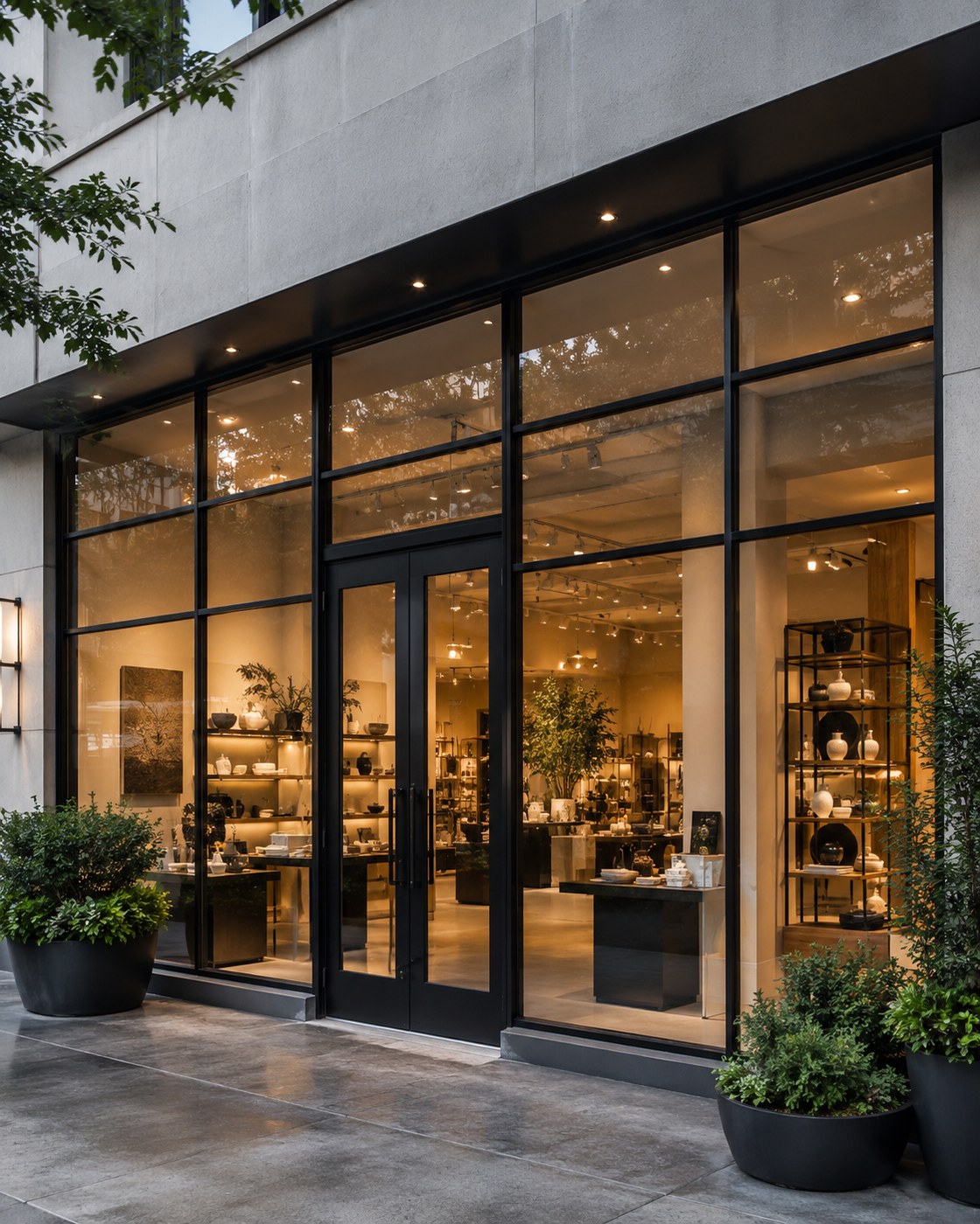 Large commercial glass panels with thin dark frames