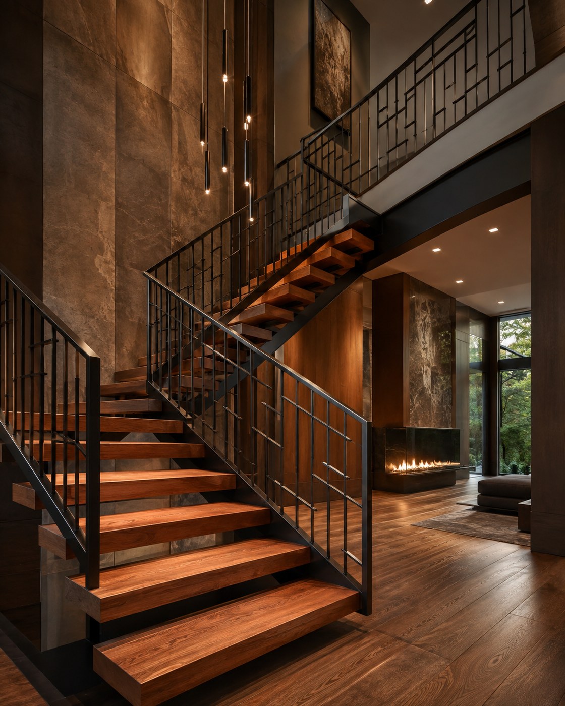 Luxury foyer stairs with custom steel guardrails