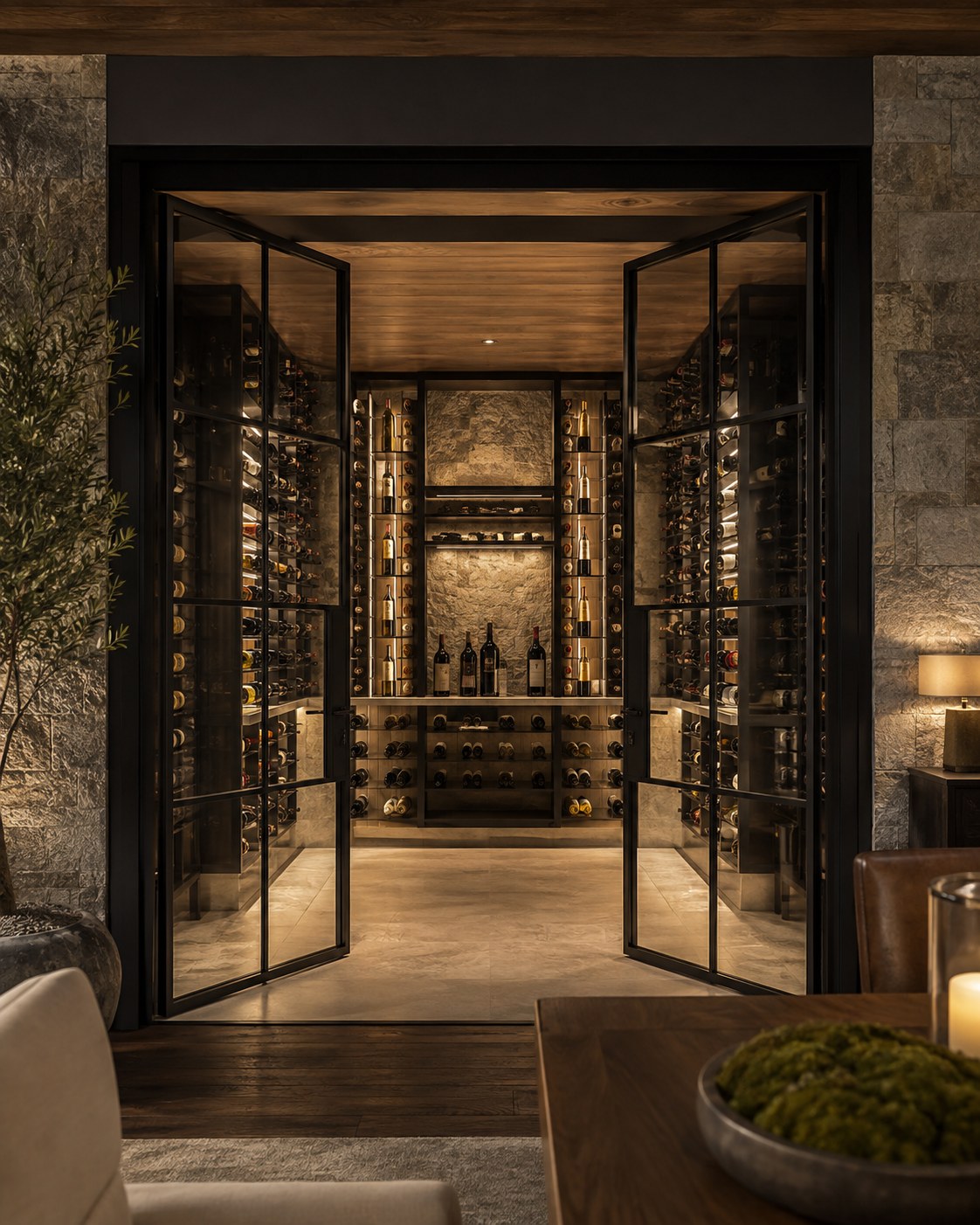Steel and glass wine room
